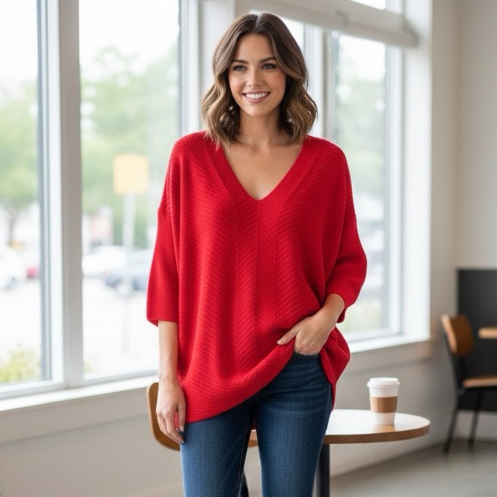 NEW Express Red Ribbed V Neck Slouch Sweater with 3/4 Sleeves Size S